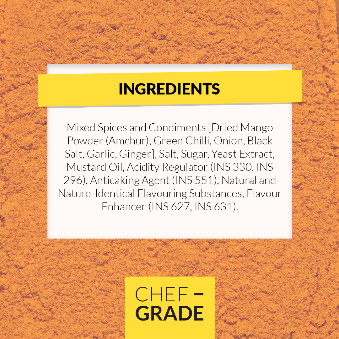 Ingredients list on a textured orange background with 'Chef Grade' branding.