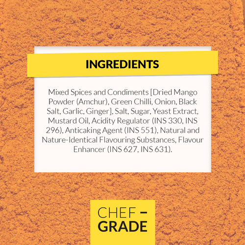 Ingredients list on a textured orange background with 'Chef Grade' branding.