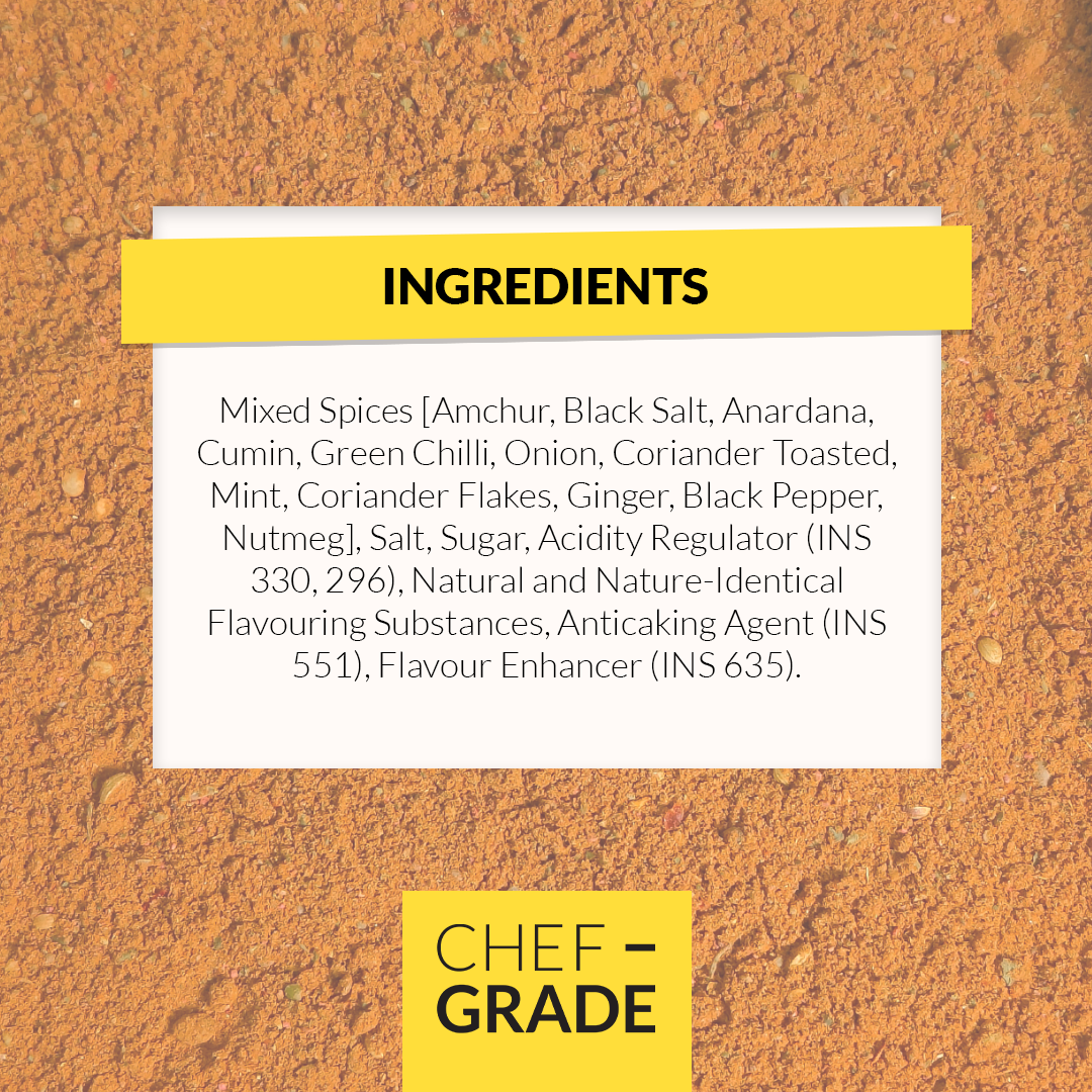 Ingredients list on a textured surface with 'Chef Grade' branding.