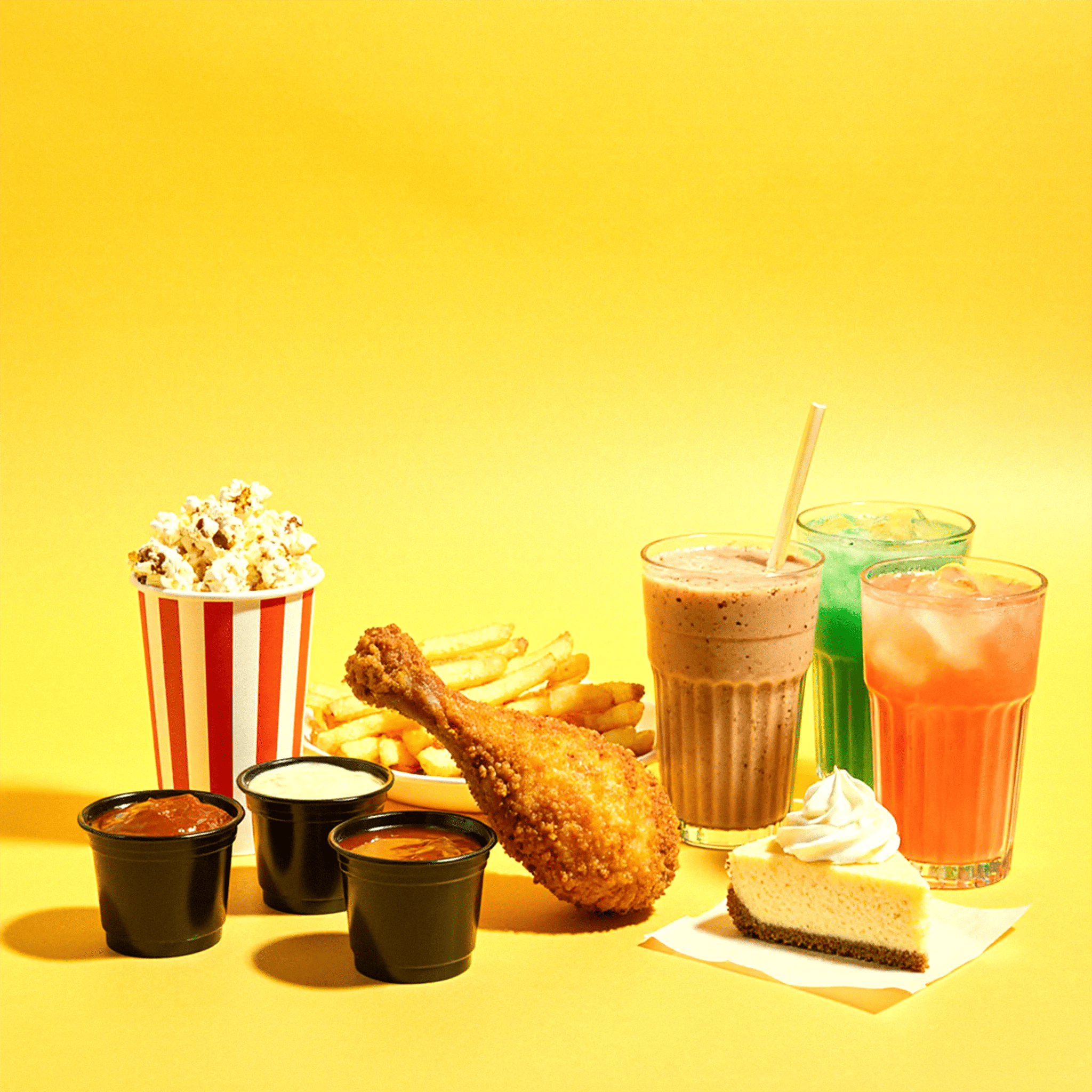 Assorted food and drinks including popcorn, chicken, fries, milkshakes, and a cheesecake on a yellow background.