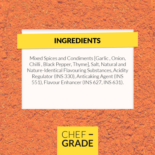 List of ingredients on a label with 'Chef Grade' branding on an orange background