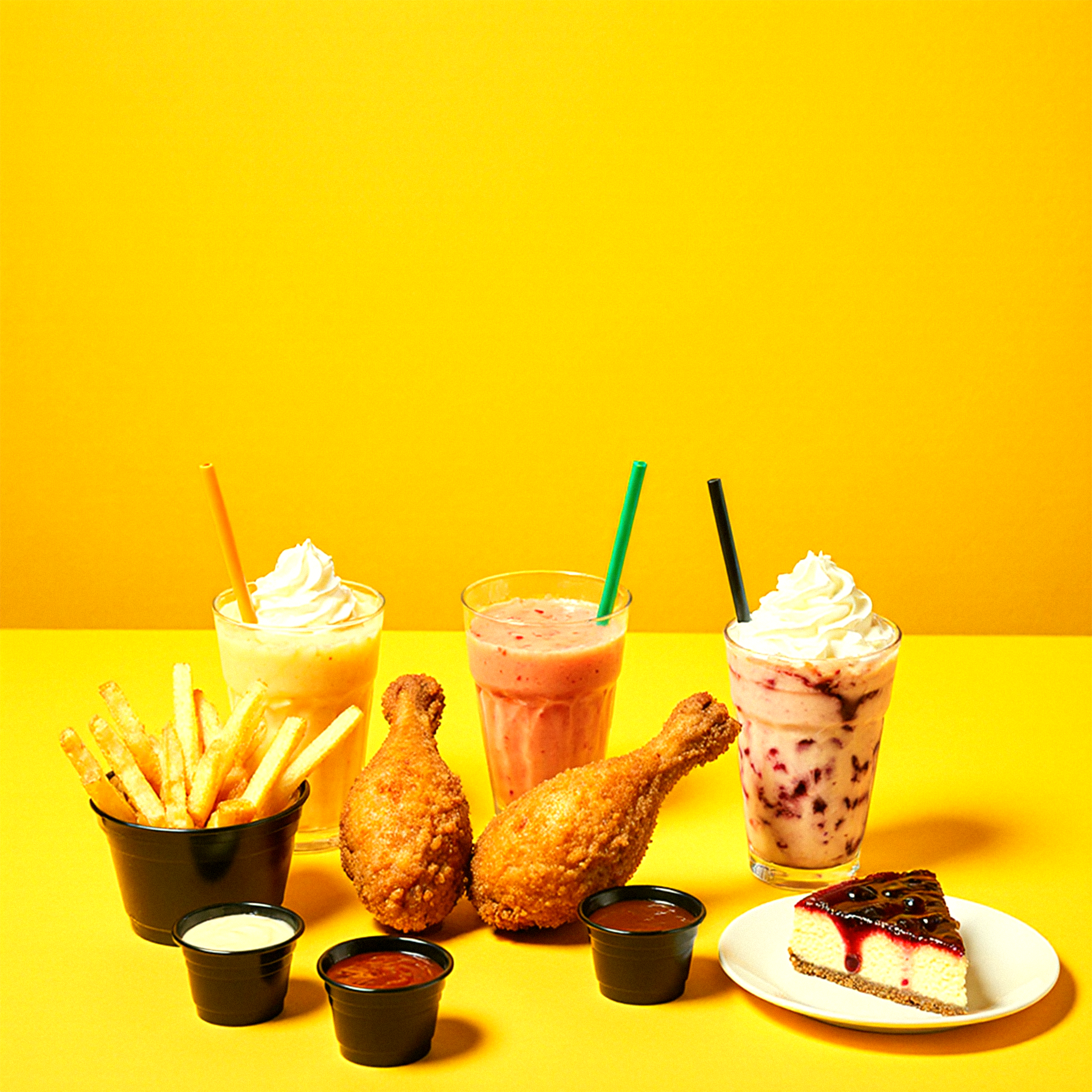 Fast food and dessert items on a yellow background with shadowed hands reaching towards them.