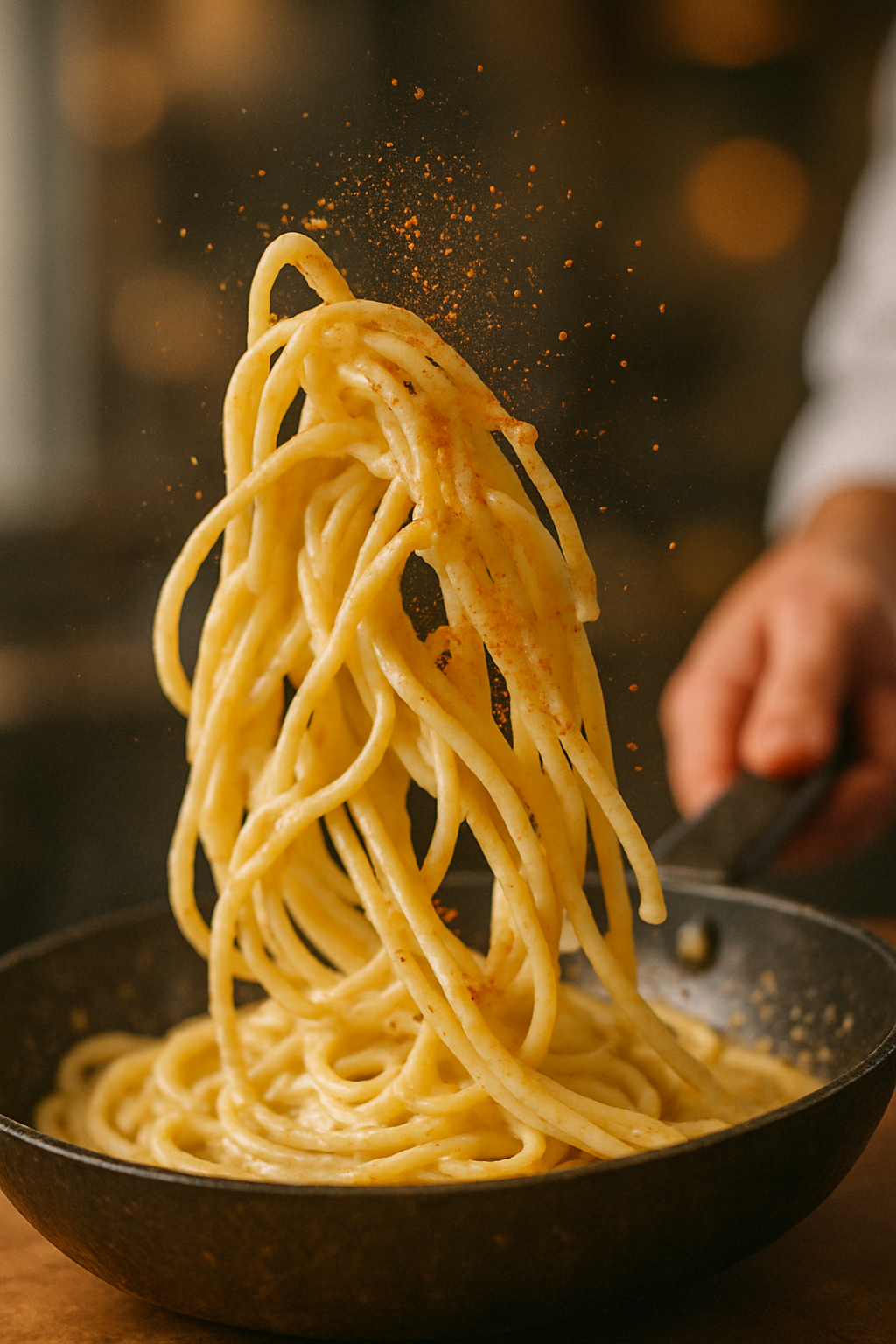 Spaghetti being lifted from a pan with a blurred background