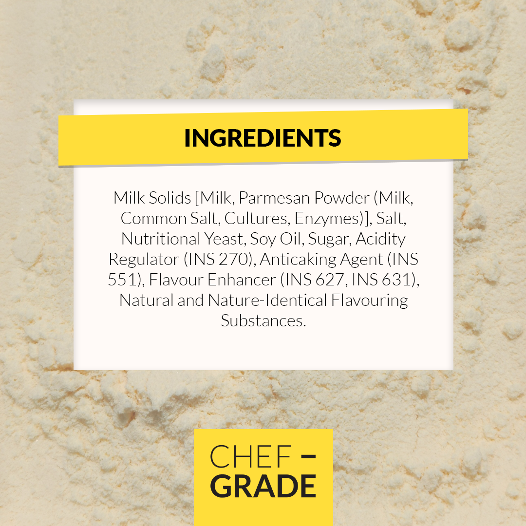 Ingredients list on a textured surface with 'Chef Grade' branding.
