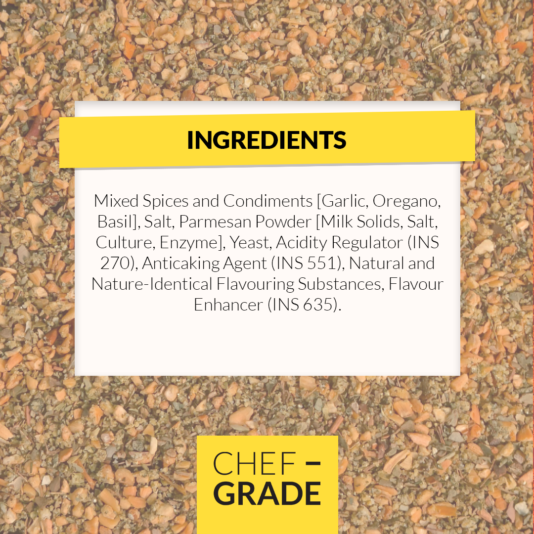 Ingredients list on a textured surface with 'Chef Grade' branding.