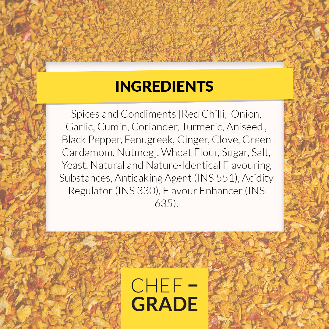 List of ingredients on a yellow background with 'Chef Grade' branding.