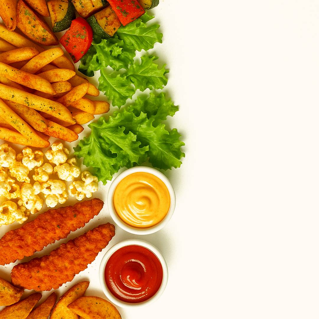 Assorted snacks including chicken nuggets, fries, popcorn, and vegetables on a white background with two dipping sauces.