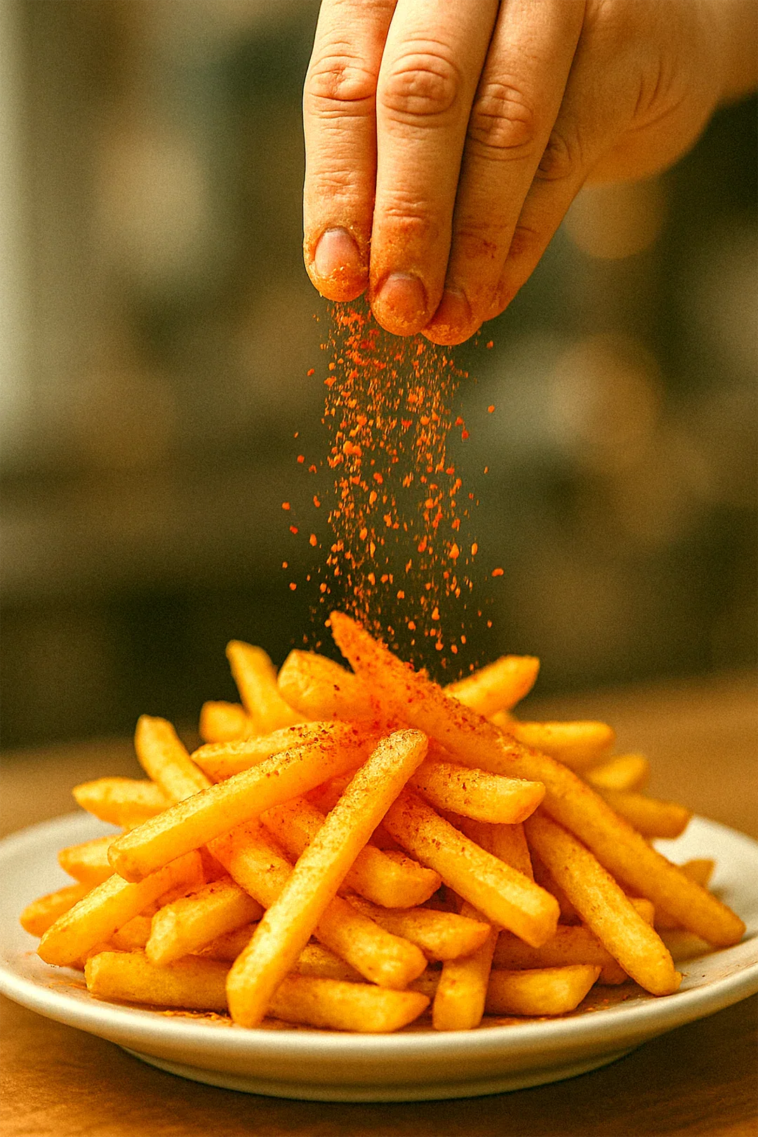 Hand sprinkling paprika over a pile of fries on a plate with a blurred background