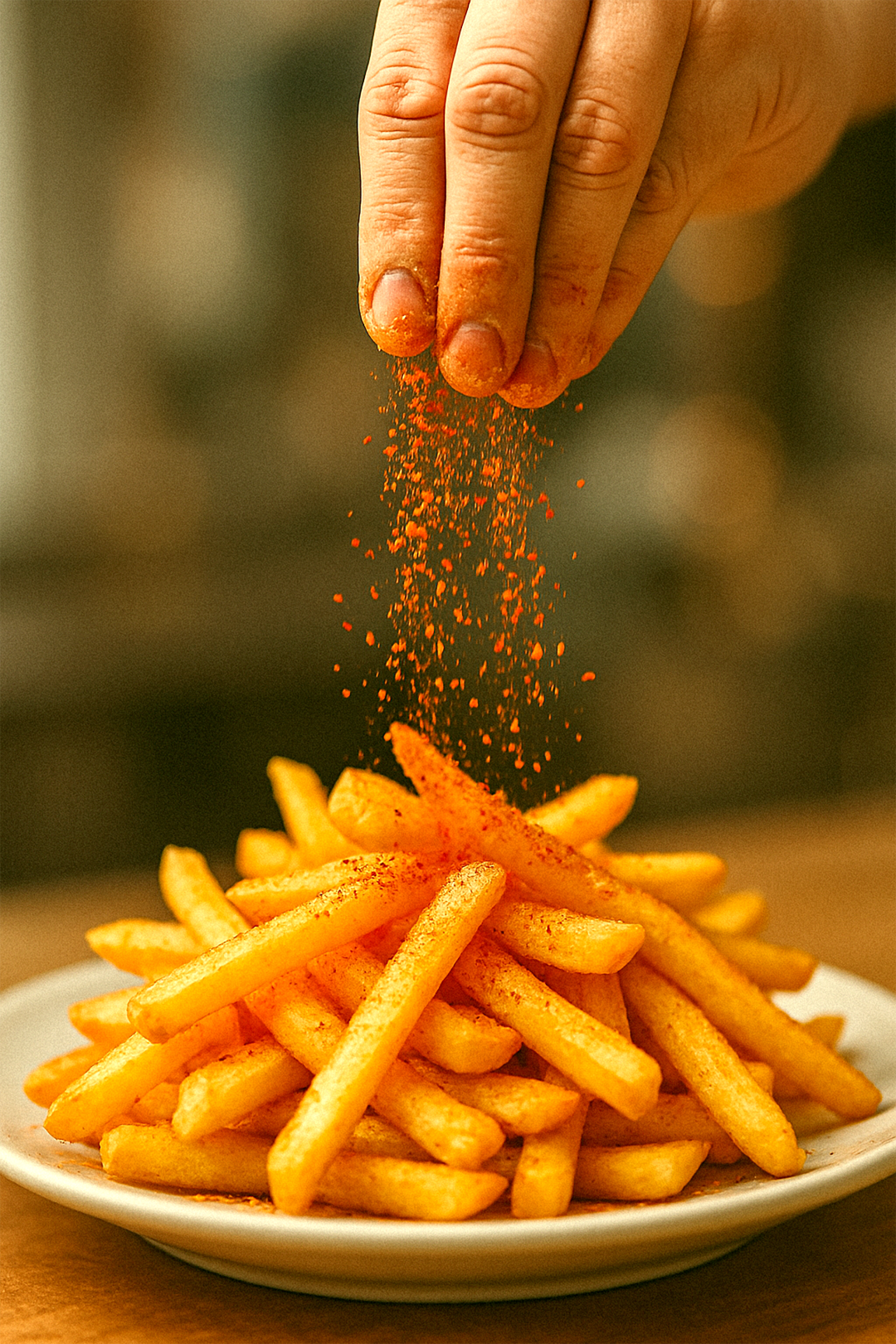 Hand sprinkling paprika over a pile of fries on a plate with a blurred background