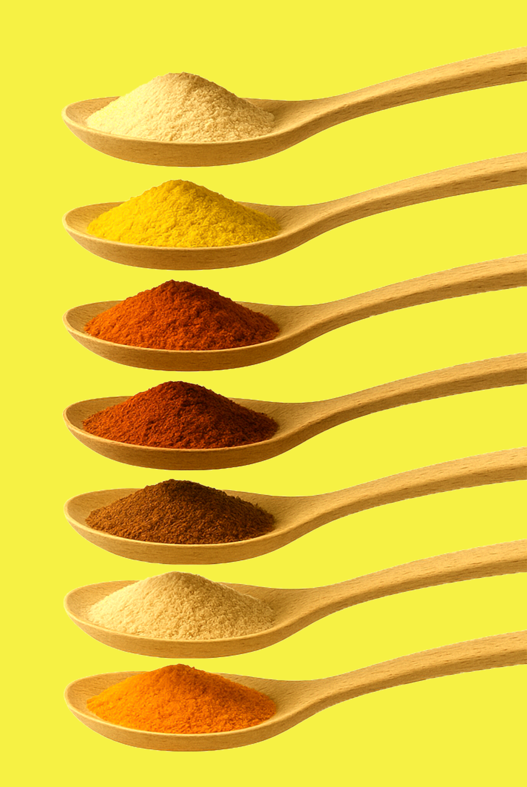 Wooden spoons with different colored powders on a yellow background